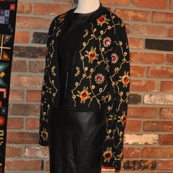 Vtg Magnolia BLACK Wool Angora KNIT CARDIGAN SWEATER Embroidery L Gems - Picture 6 of 10